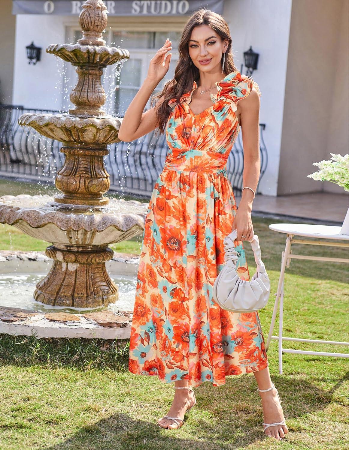 imageGRACE KARIN 2025 Womens Summer Floral Print Dress Sleeveless Casual Flowy Sundress A Line Ruffle Wedding Guest OutfitOrange Floral