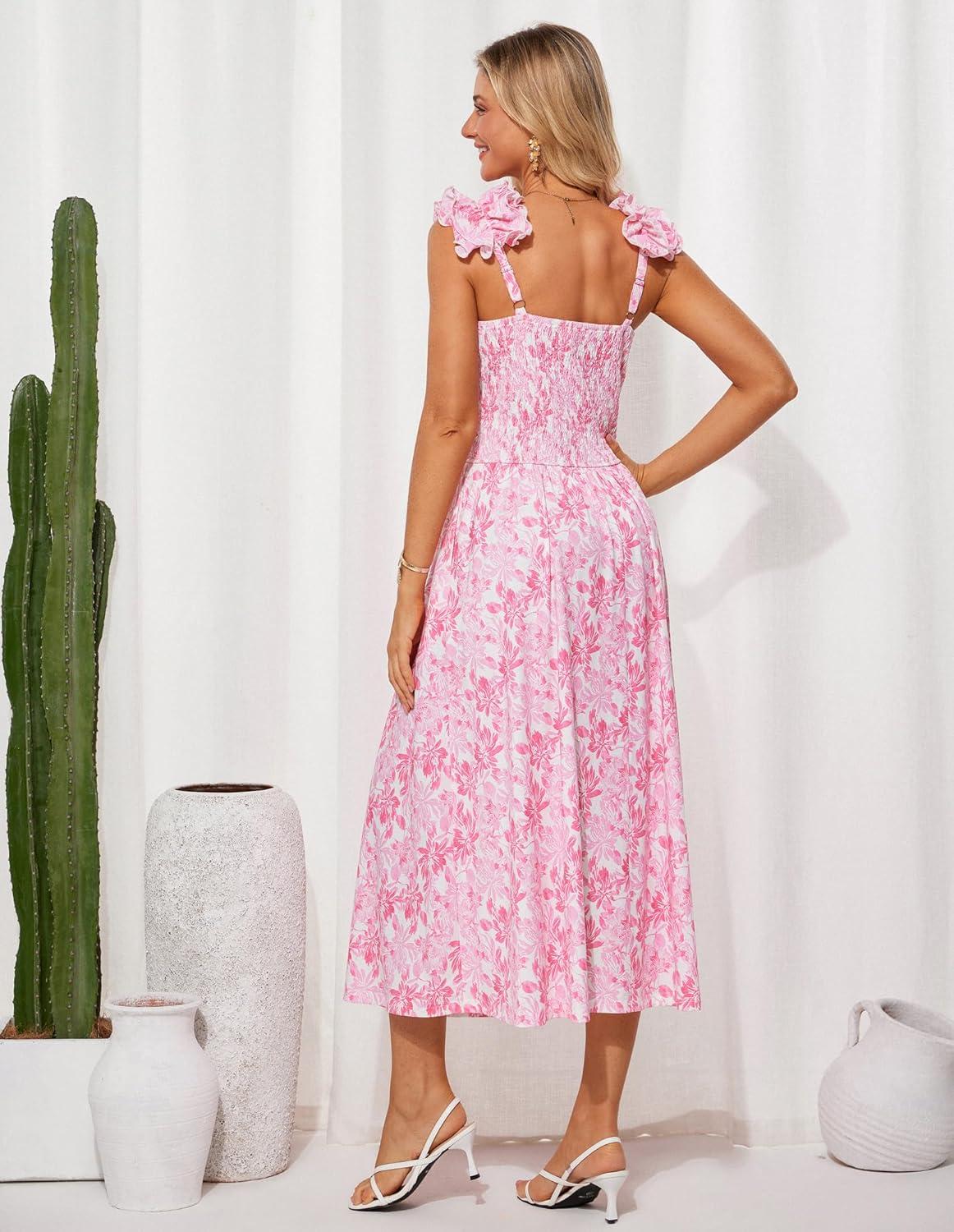 imageGRACE KARIN 2025 Womens Summer Floral Print Dress Sleeveless Casual Flowy Sundress A Line Ruffle Wedding Guest OutfitPink Floral