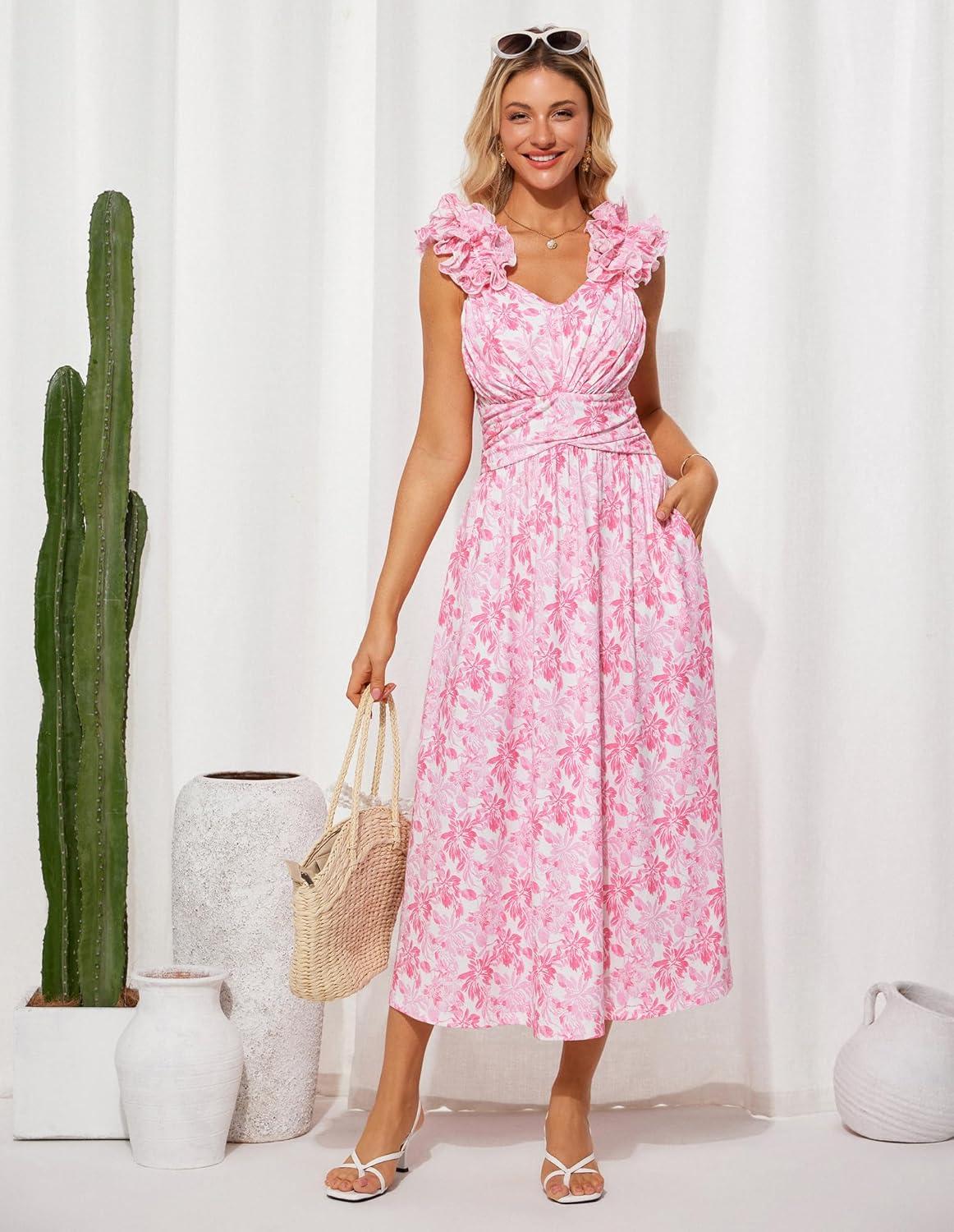 imageGRACE KARIN 2025 Womens Summer Floral Print Dress Sleeveless Casual Flowy Sundress A Line Ruffle Wedding Guest OutfitPink Floral