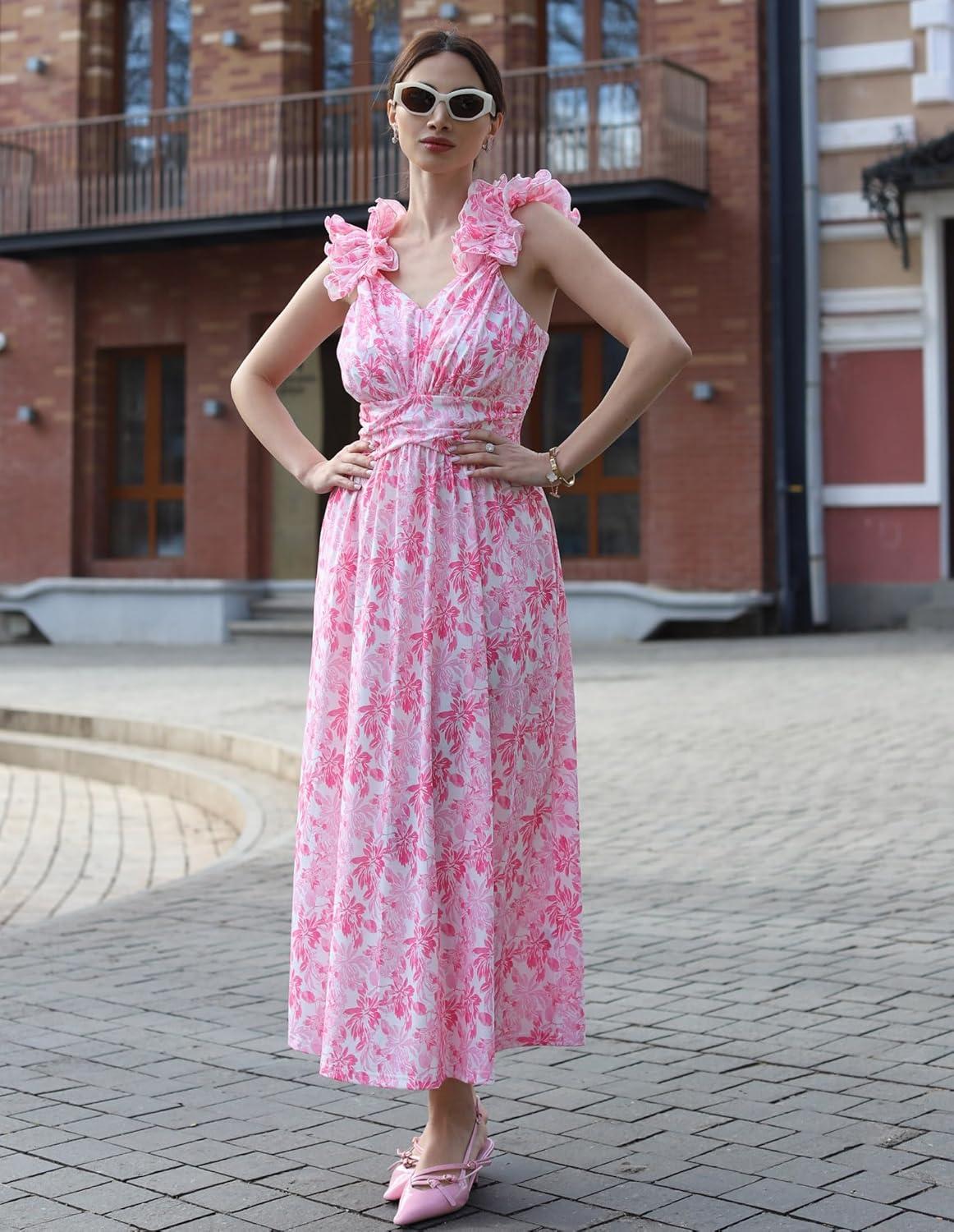 imageGRACE KARIN 2025 Womens Summer Floral Print Dress Sleeveless Casual Flowy Sundress A Line Ruffle Wedding Guest OutfitPink Floral