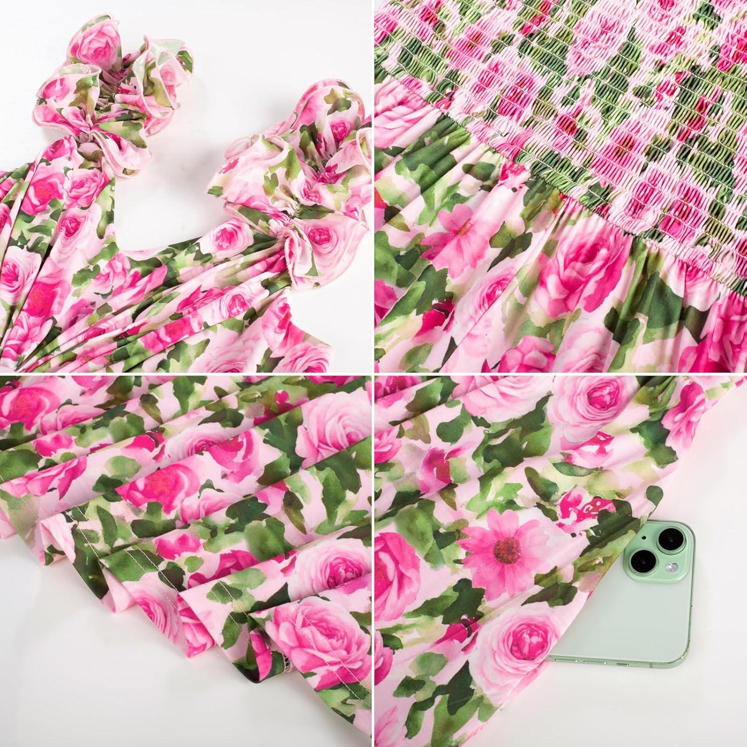 imageGRACE KARIN 2025 Womens Summer Floral Print Dress Sleeveless Casual Flowy Sundress A Line Ruffle Wedding Guest OutfitPink Green