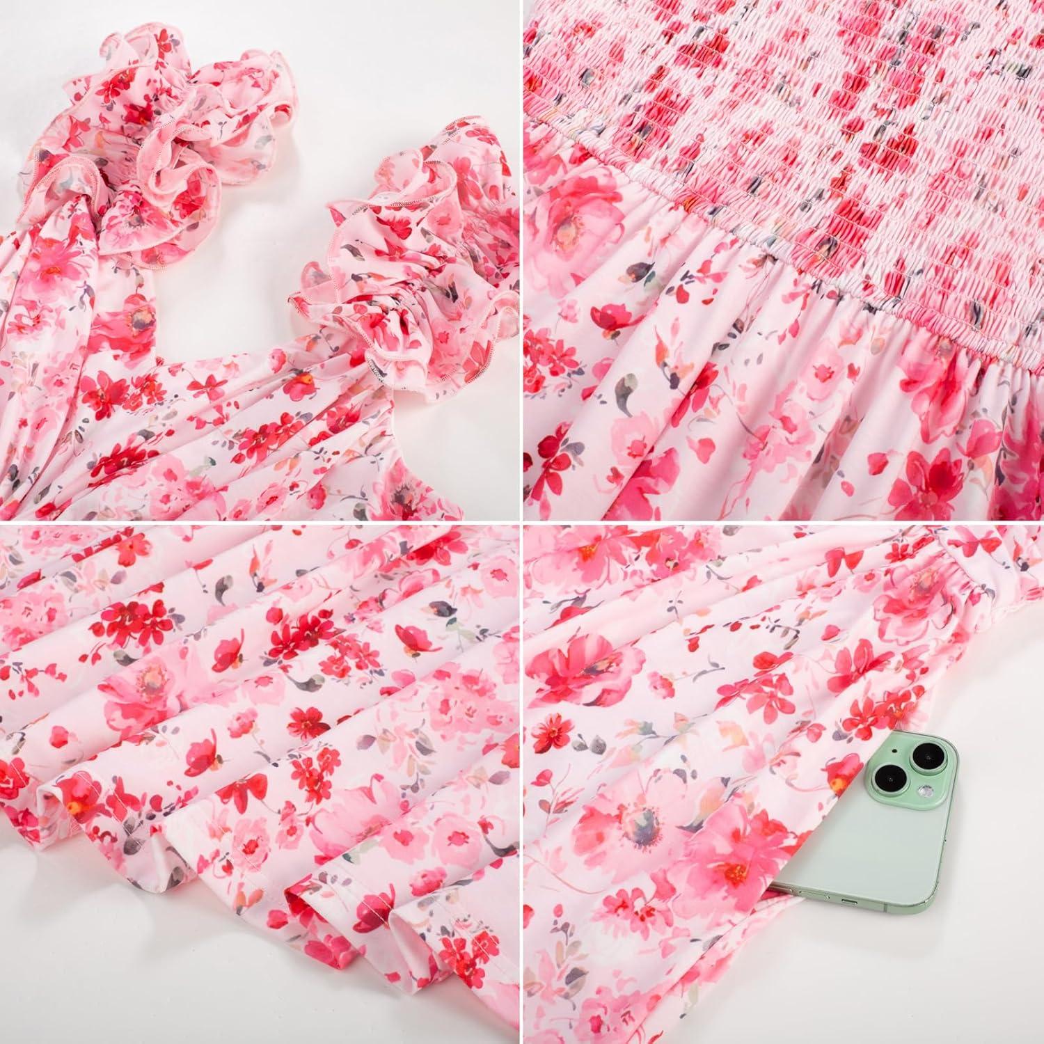 imageGRACE KARIN 2025 Womens Summer Floral Print Dress Sleeveless Casual Flowy Sundress A Line Ruffle Wedding Guest OutfitPink Red