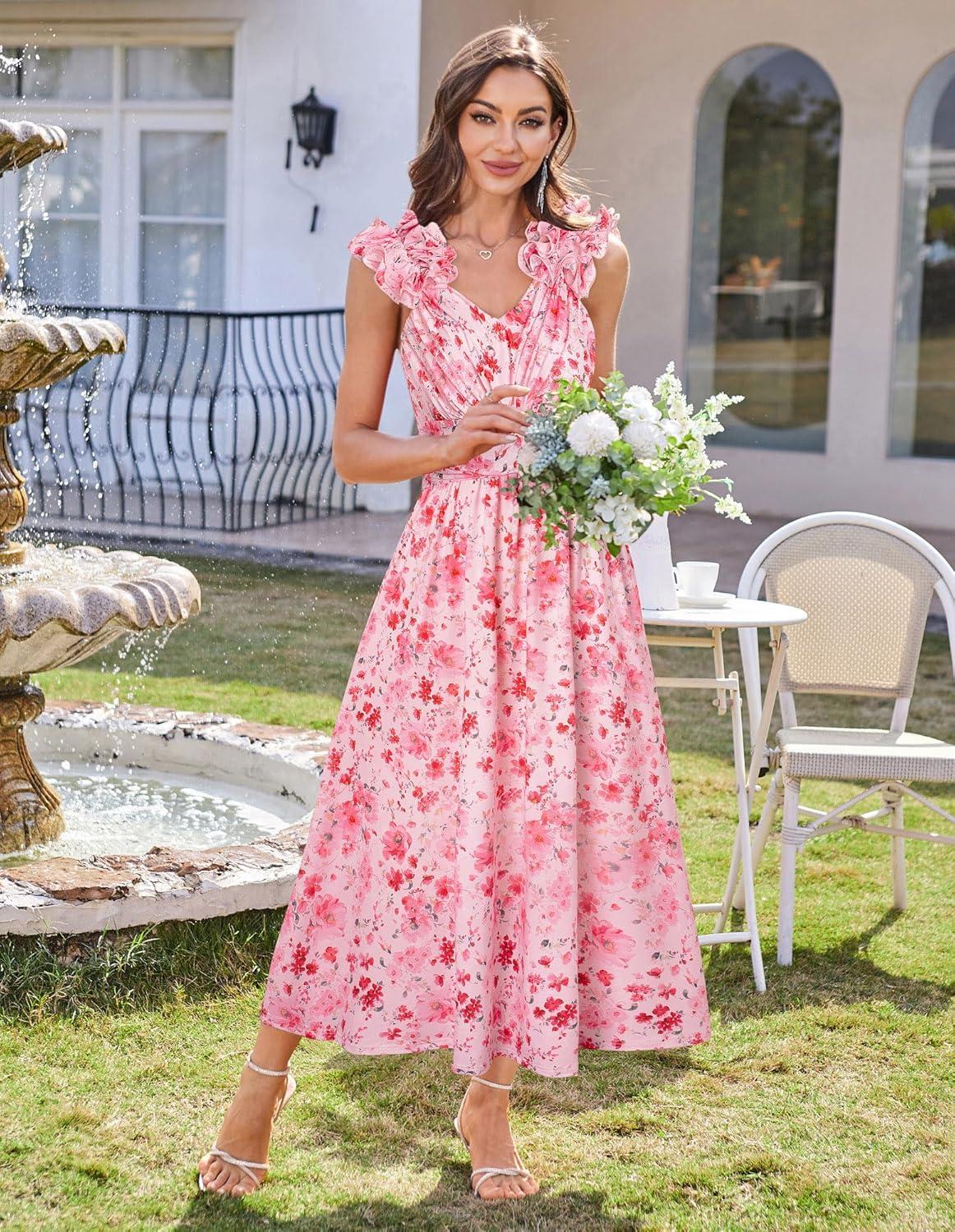imageGRACE KARIN 2025 Womens Summer Floral Print Dress Sleeveless Casual Flowy Sundress A Line Ruffle Wedding Guest OutfitPink Red