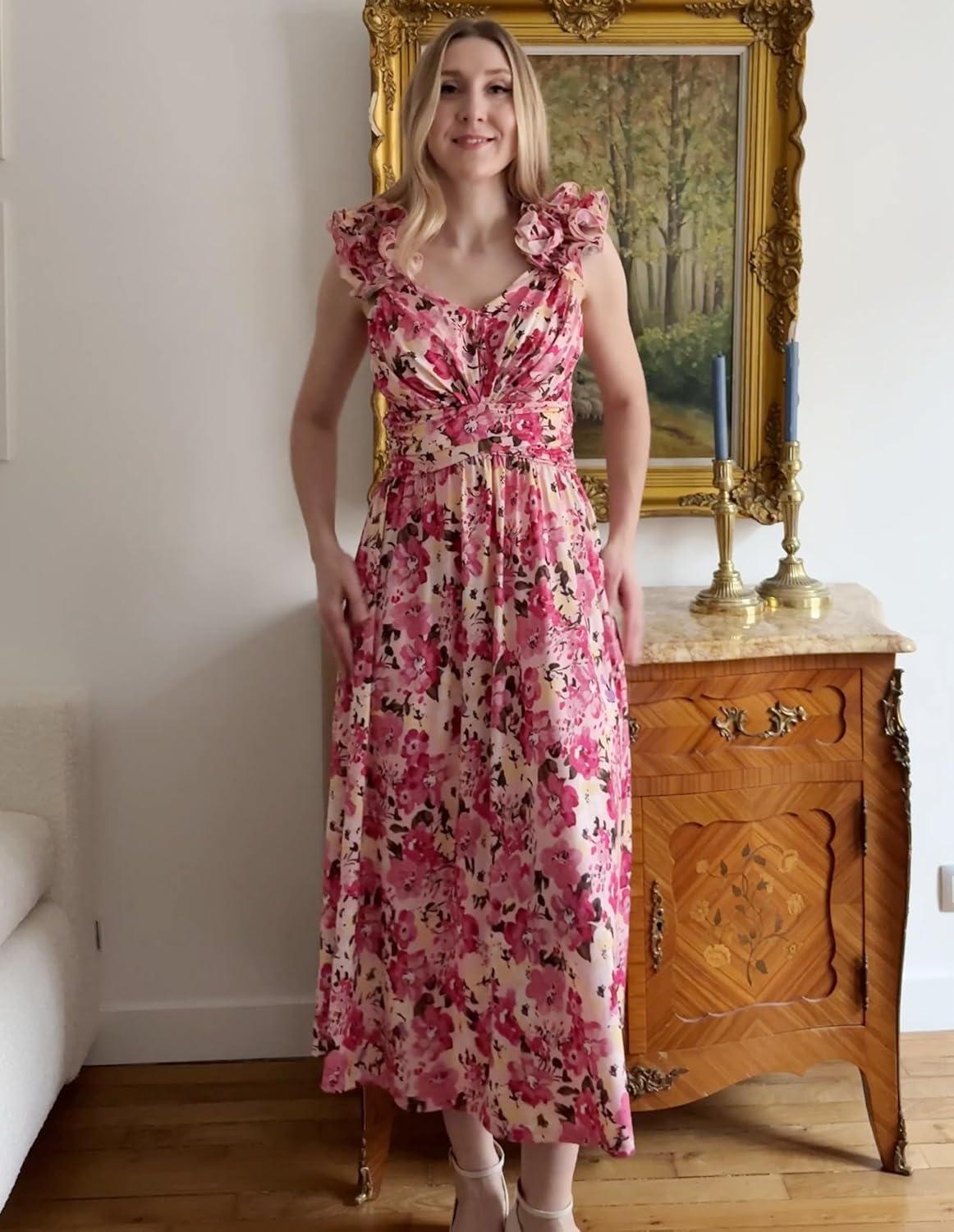 imageGRACE KARIN 2025 Womens Summer Floral Print Dress Sleeveless Casual Flowy Sundress A Line Ruffle Wedding Guest OutfitPink Yellow Floral