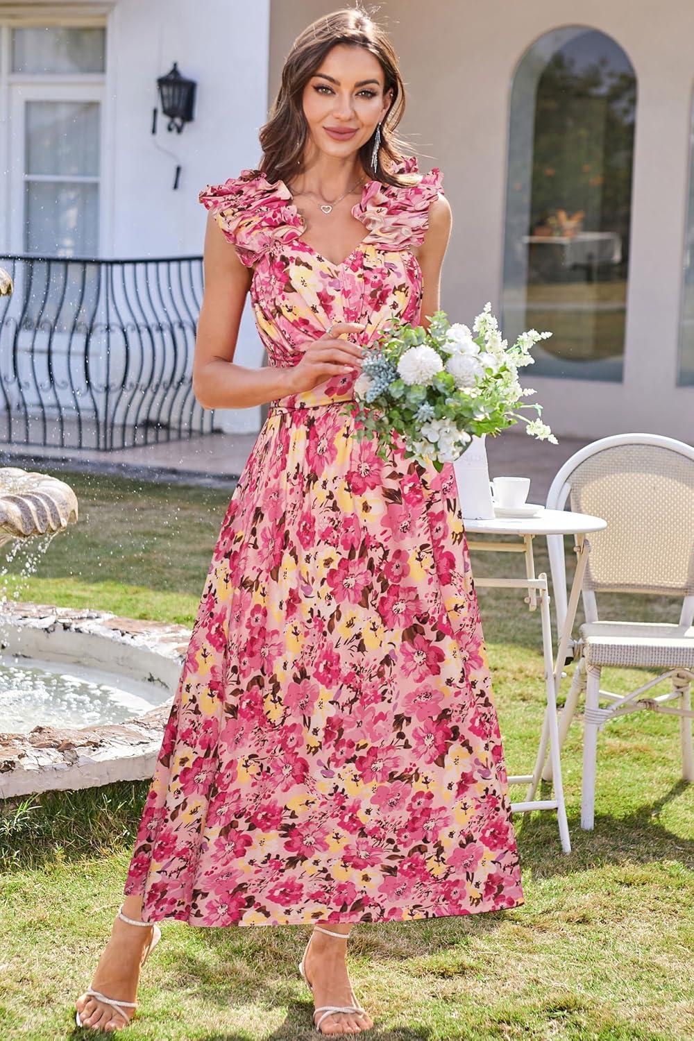 imageGRACE KARIN 2025 Womens Summer Floral Print Dress Sleeveless Casual Flowy Sundress A Line Ruffle Wedding Guest OutfitPink Yellow Floral