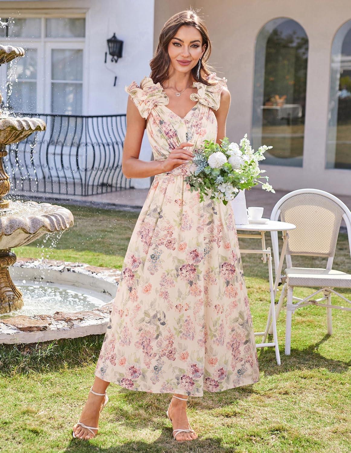 imageGRACE KARIN 2025 Womens Summer Floral Print Dress Sleeveless Casual Flowy Sundress A Line Ruffle Wedding Guest OutfitPurple