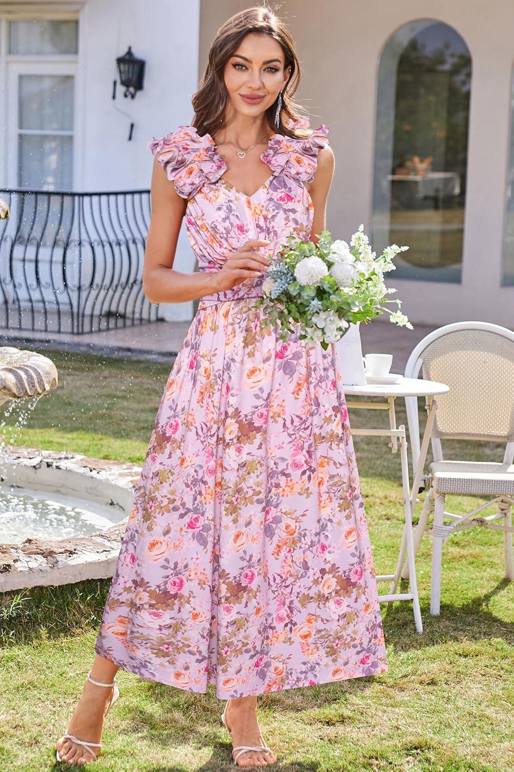 imageGRACE KARIN 2025 Womens Summer Floral Print Dress Sleeveless Casual Flowy Sundress A Line Ruffle Wedding Guest OutfitPurple Floral