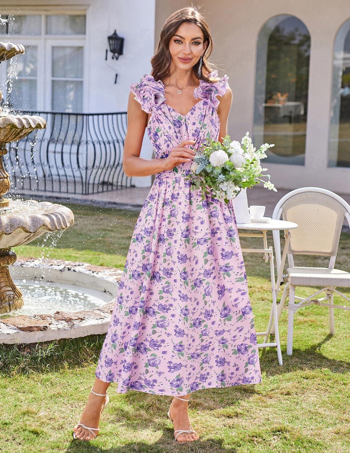 imageGRACE KARIN 2025 Womens Summer Floral Print Dress Sleeveless Casual Flowy Sundress A Line Ruffle Wedding Guest OutfitPurple Green