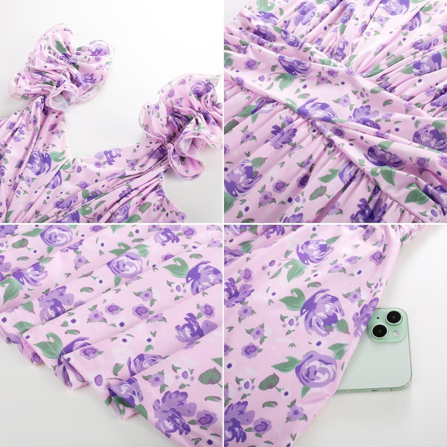 imageGRACE KARIN 2025 Womens Summer Floral Print Dress Sleeveless Casual Flowy Sundress A Line Ruffle Wedding Guest OutfitPurple Green