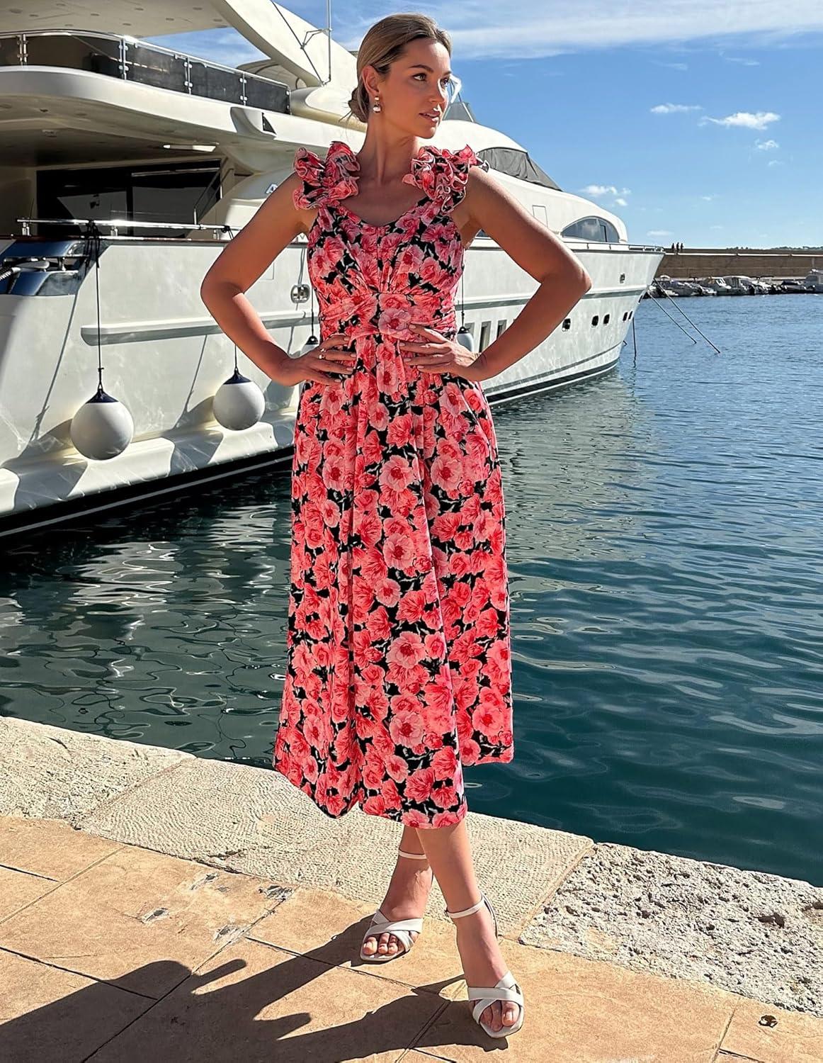 imageGRACE KARIN 2025 Womens Summer Floral Print Dress Sleeveless Casual Flowy Sundress A Line Ruffle Wedding Guest OutfitRed Floral