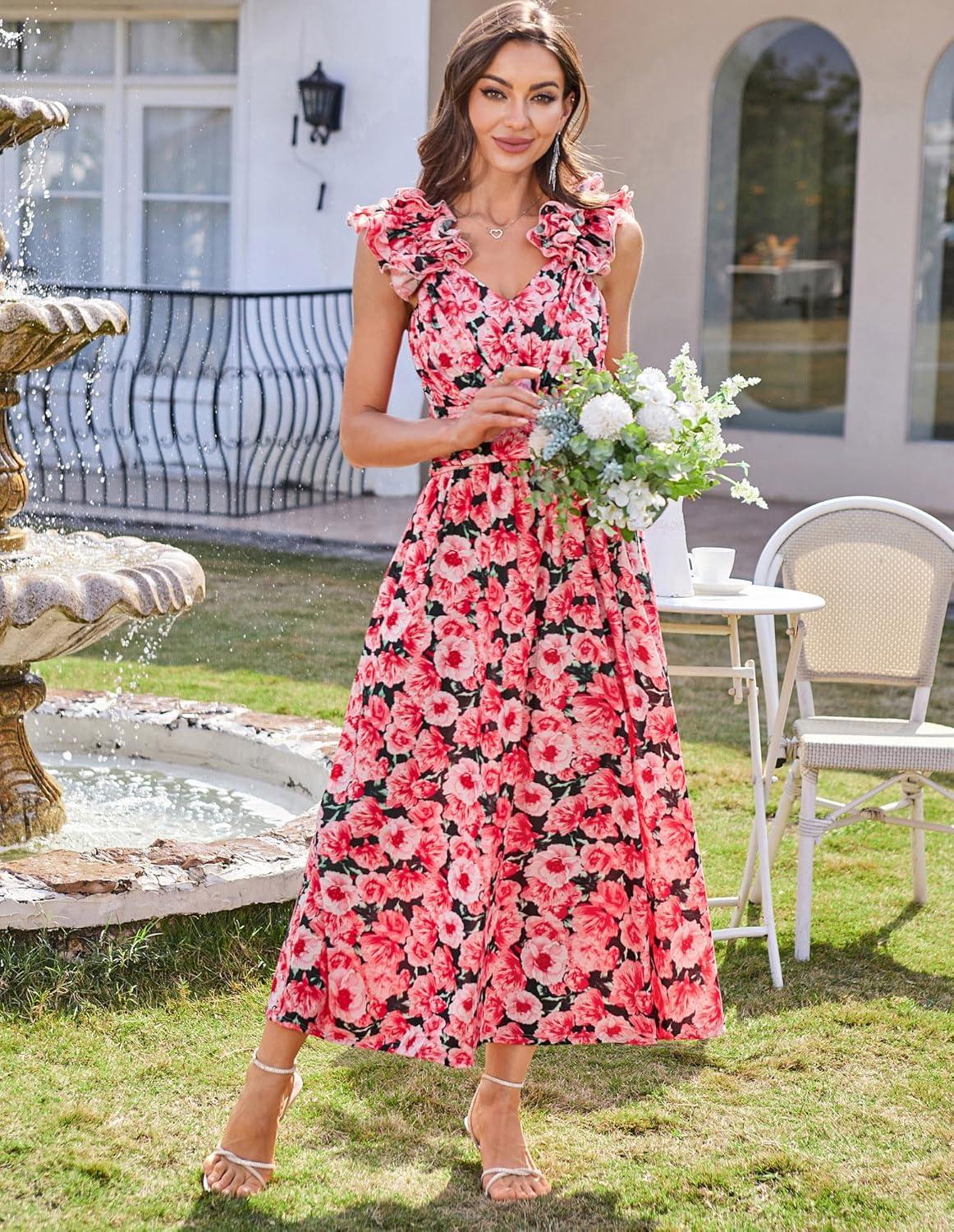 imageGRACE KARIN 2025 Womens Summer Floral Print Dress Sleeveless Casual Flowy Sundress A Line Ruffle Wedding Guest OutfitRed Floral