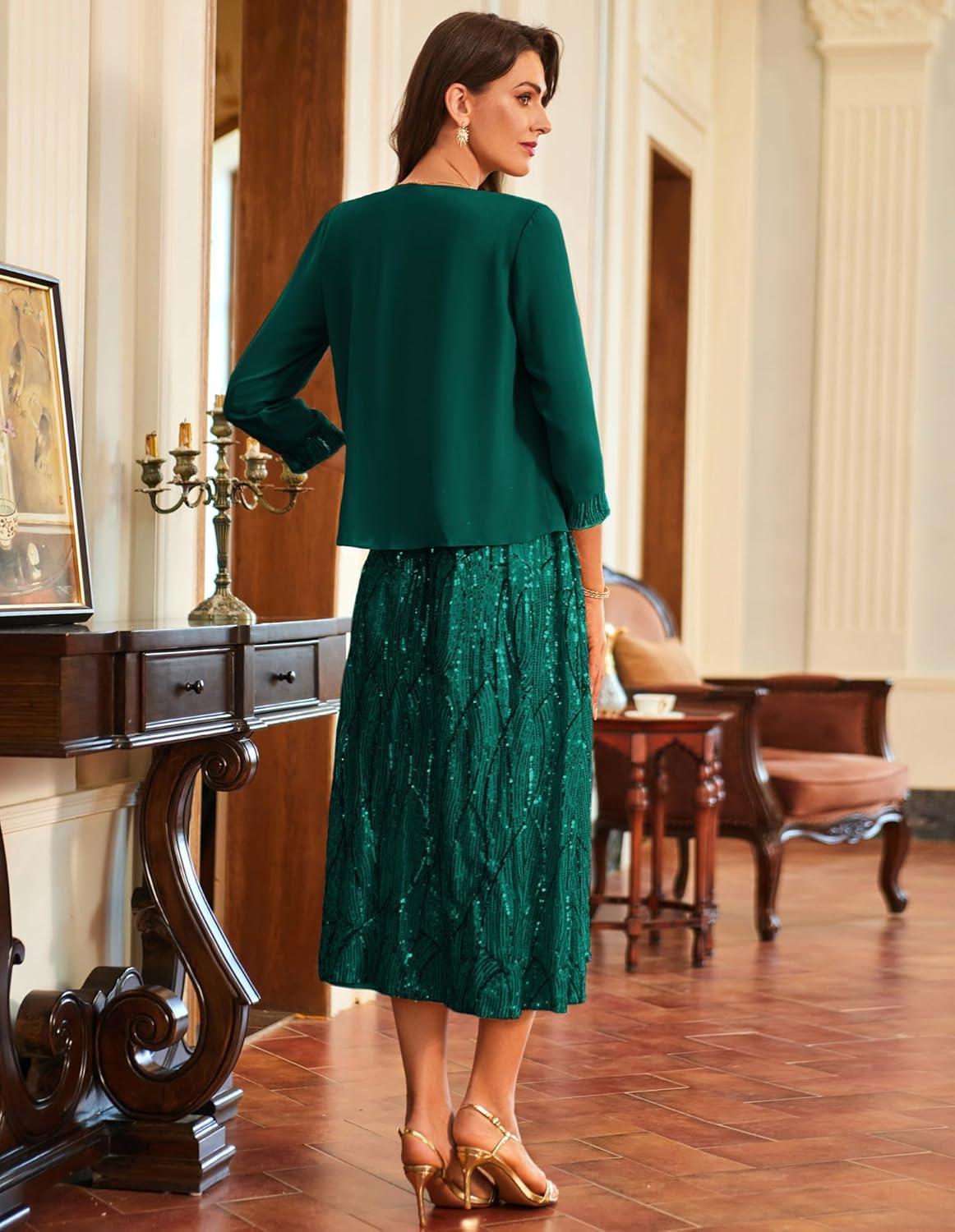 imageGRACE KARIN 2025 Womens Two Piece Sequin Dress with Jacket Mother of The Bride Dresses Homecoming Wedding Guest DressesDark Green