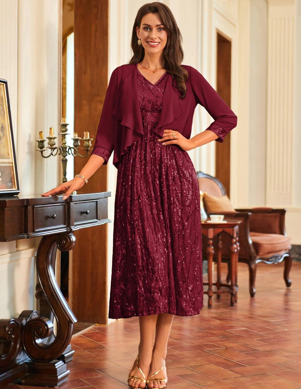 imageGRACE KARIN 2025 Womens Two Piece Sequin Dress with Jacket Mother of The Bride Dresses Homecoming Wedding Guest DressesWine Red