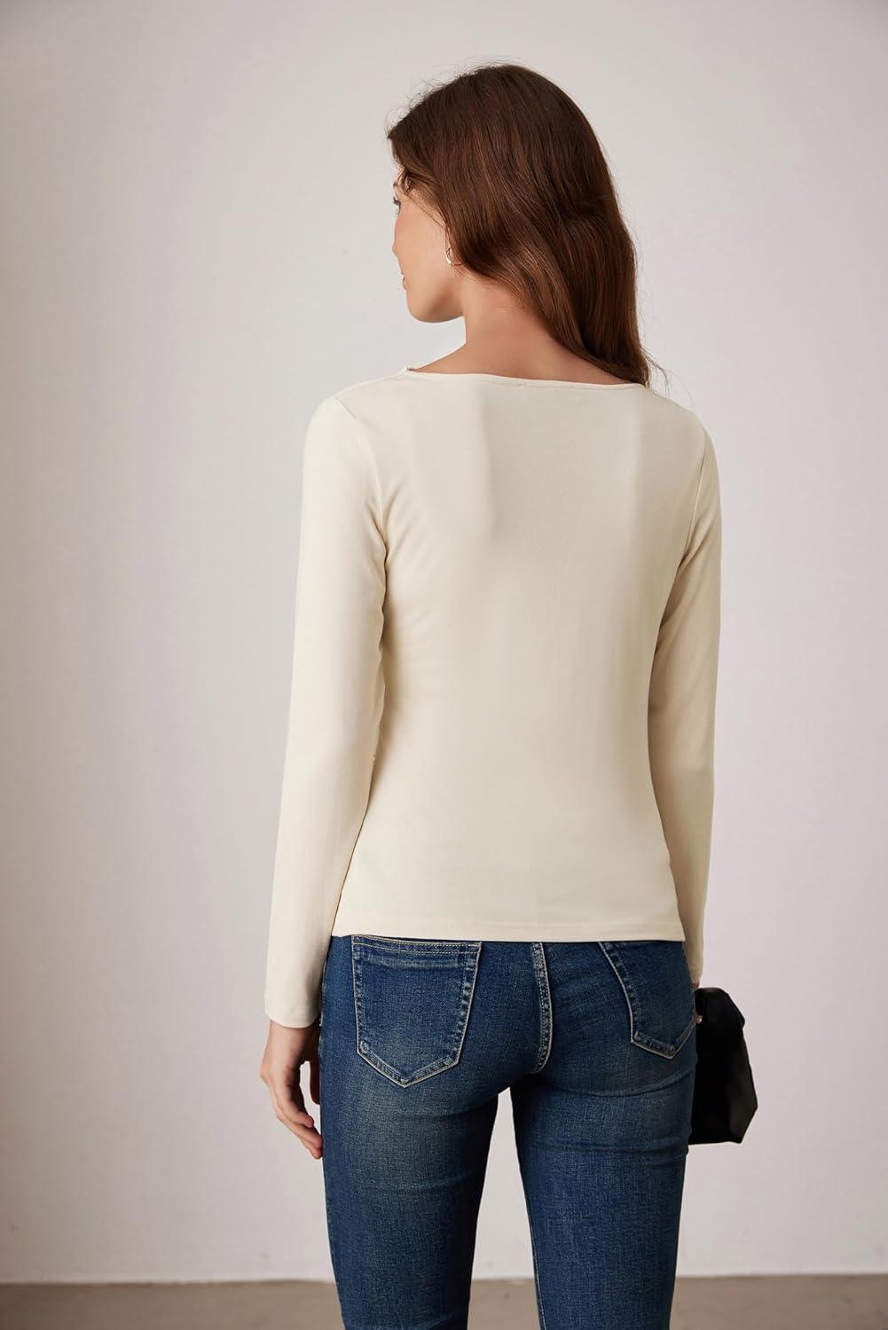 imageGRACE KARIN 2026 Womens Long Sleeve Wrap Blouse Boat Neck Ruched Fitted Trendy Top for Fall Dressy CasualApricot