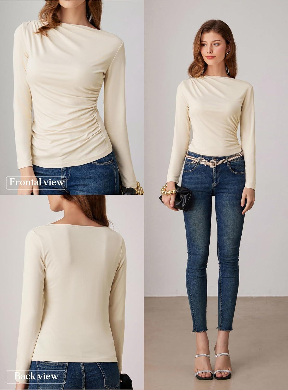 imageGRACE KARIN 2026 Womens Long Sleeve Wrap Blouse Boat Neck Ruched Fitted Trendy Top for Fall Dressy CasualApricot