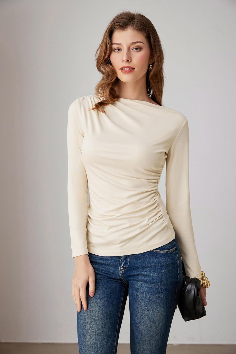 imageGRACE KARIN 2026 Womens Long Sleeve Wrap Blouse Boat Neck Ruched Fitted Trendy Top for Fall Dressy CasualApricot