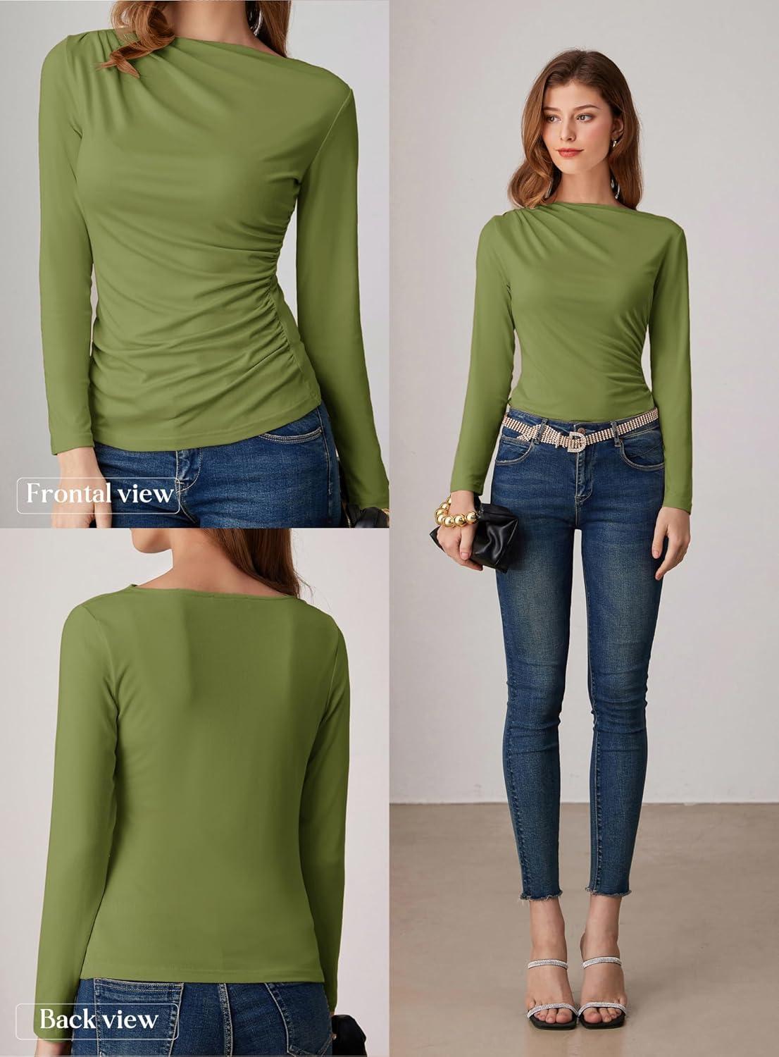 imageGRACE KARIN 2026 Womens Long Sleeve Wrap Blouse Boat Neck Ruched Fitted Trendy Top for Fall Dressy CasualArmy Green