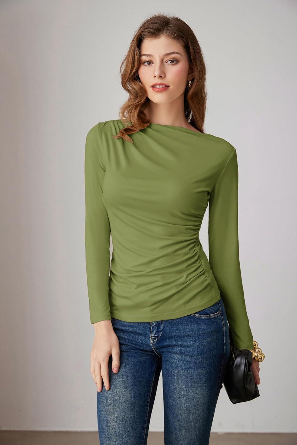 imageGRACE KARIN 2026 Womens Long Sleeve Wrap Blouse Boat Neck Ruched Fitted Trendy Top for Fall Dressy CasualArmy Green