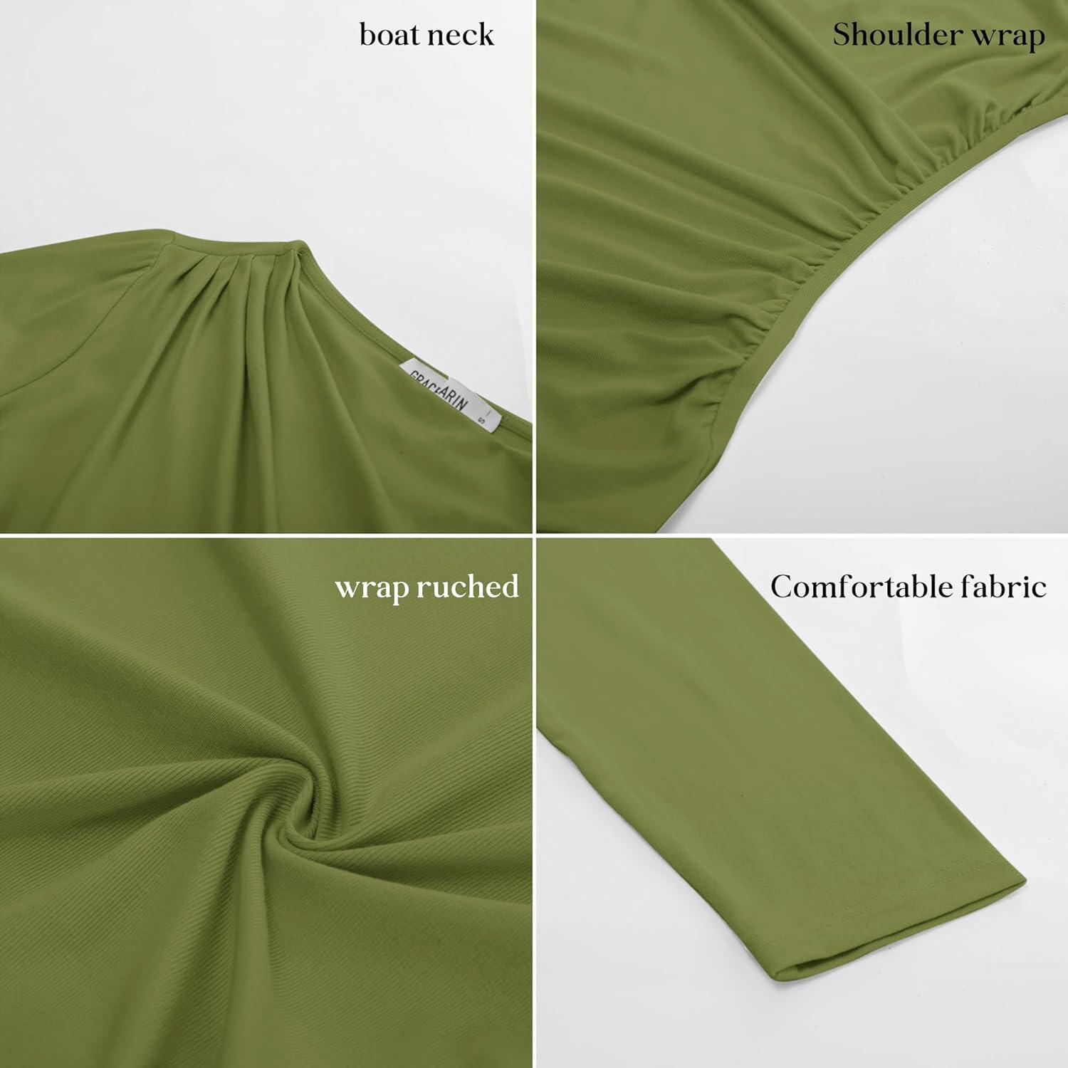 imageGRACE KARIN 2026 Womens Long Sleeve Wrap Blouse Boat Neck Ruched Fitted Trendy Top for Fall Dressy CasualArmy Green