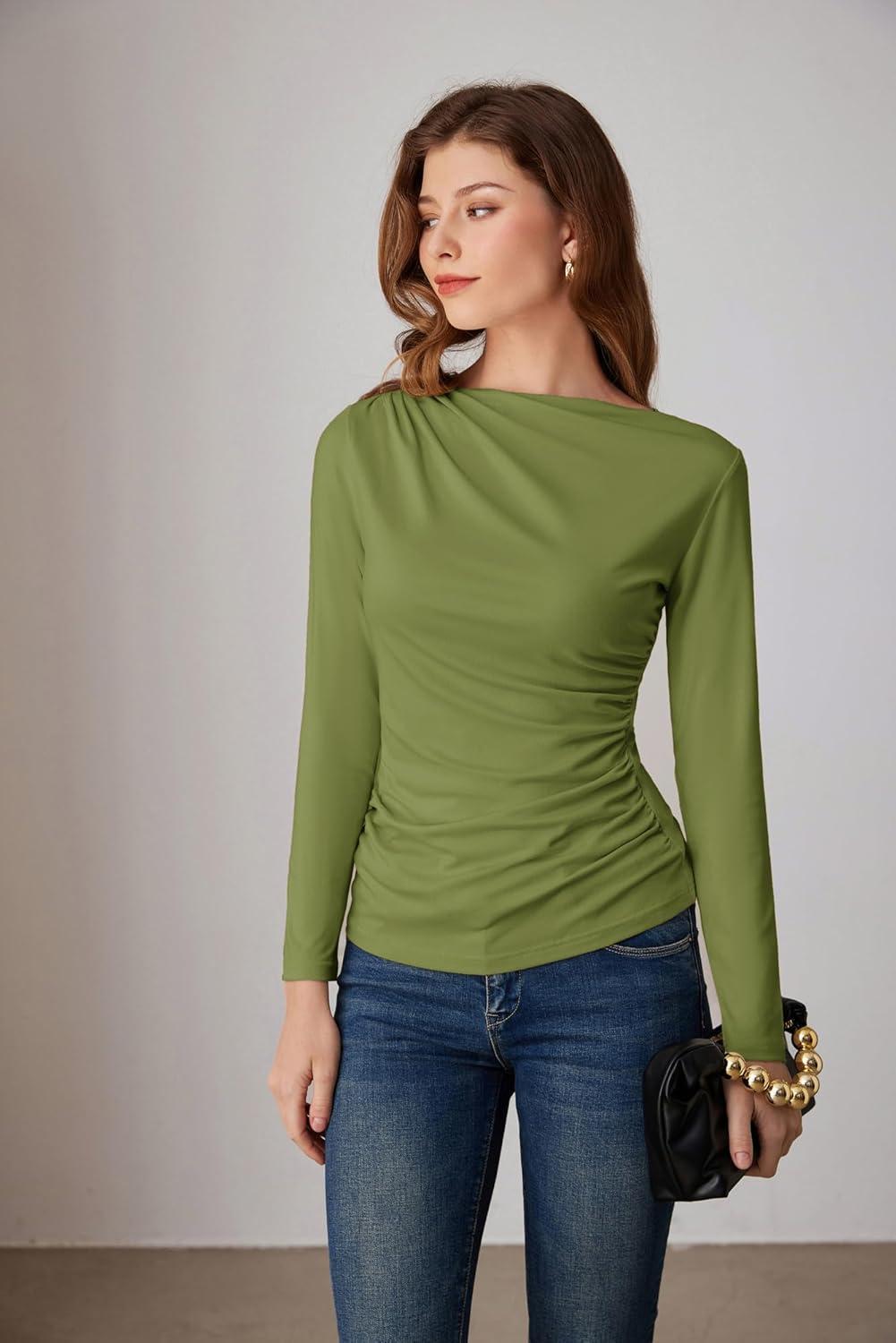 imageGRACE KARIN 2026 Womens Long Sleeve Wrap Blouse Boat Neck Ruched Fitted Trendy Top for Fall Dressy CasualArmy Green