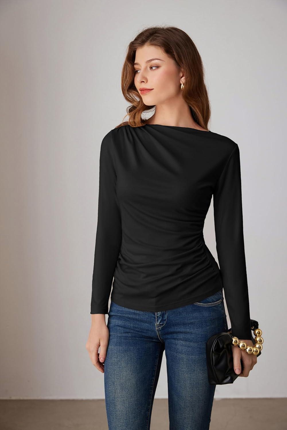 imageGRACE KARIN 2026 Womens Long Sleeve Wrap Blouse Boat Neck Ruched Fitted Trendy Top for Fall Dressy CasualBlack