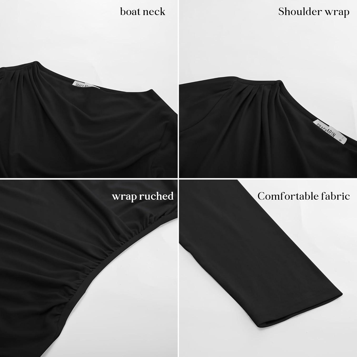 imageGRACE KARIN 2026 Womens Long Sleeve Wrap Blouse Boat Neck Ruched Fitted Trendy Top for Fall Dressy CasualBlack
