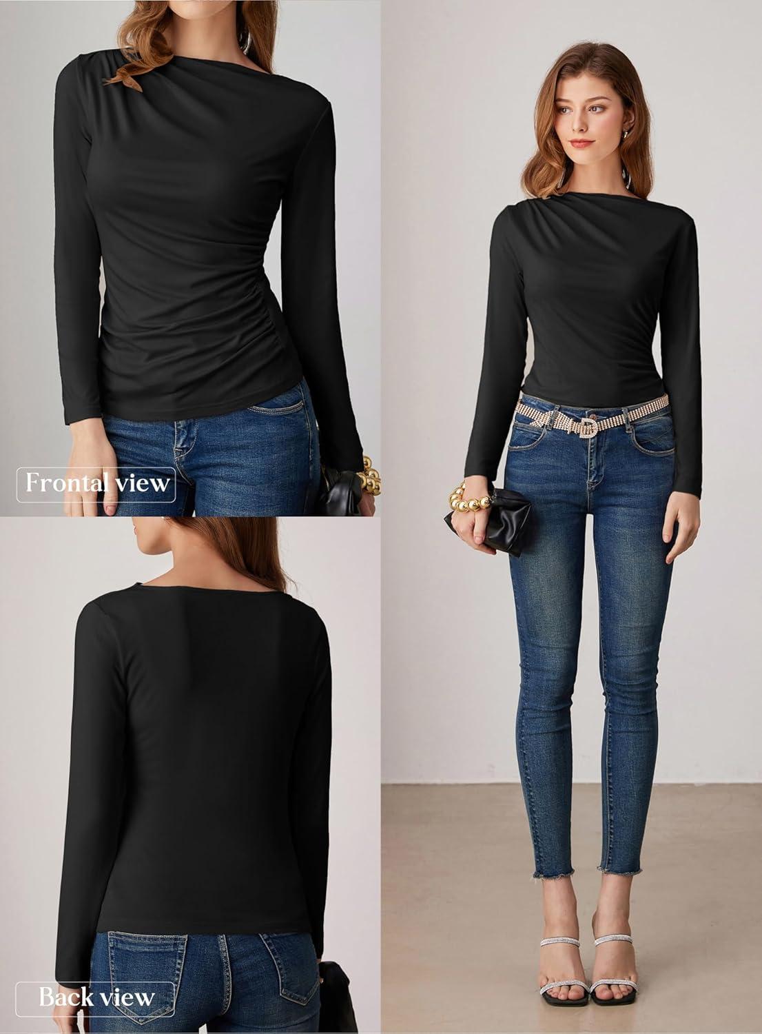imageGRACE KARIN 2026 Womens Long Sleeve Wrap Blouse Boat Neck Ruched Fitted Trendy Top for Fall Dressy CasualBlack