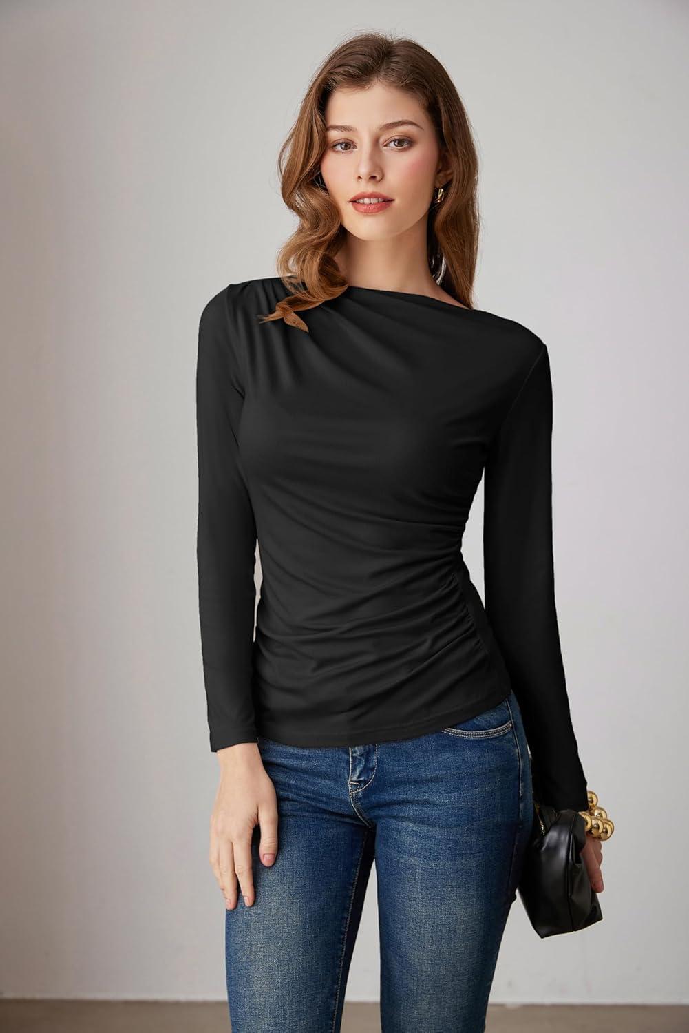 imageGRACE KARIN 2026 Womens Long Sleeve Wrap Blouse Boat Neck Ruched Fitted Trendy Top for Fall Dressy CasualBlack