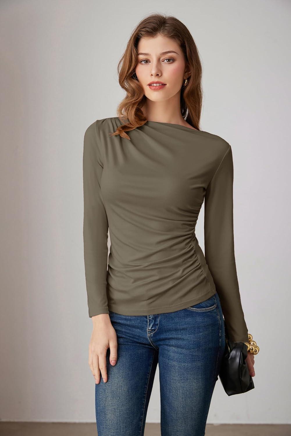 imageGRACE KARIN 2026 Womens Long Sleeve Wrap Blouse Boat Neck Ruched Fitted Trendy Top for Fall Dressy CasualBrown