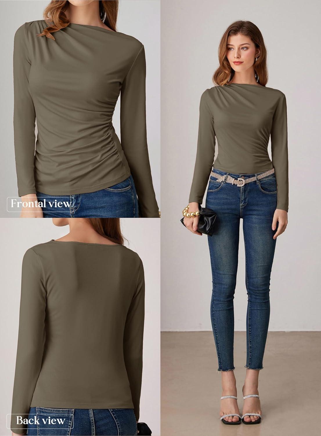 imageGRACE KARIN 2026 Womens Long Sleeve Wrap Blouse Boat Neck Ruched Fitted Trendy Top for Fall Dressy CasualBrown