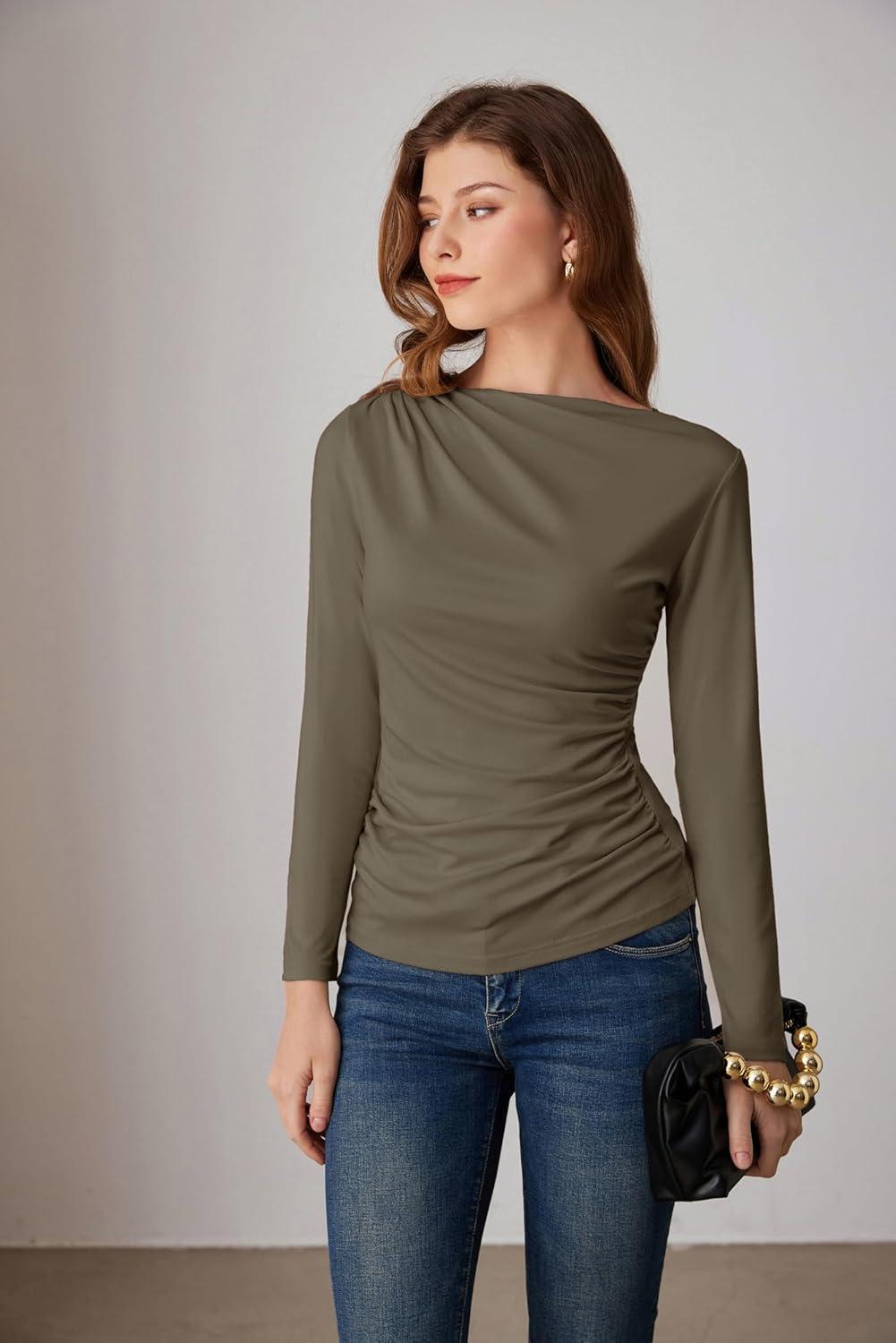 imageGRACE KARIN 2026 Womens Long Sleeve Wrap Blouse Boat Neck Ruched Fitted Trendy Top for Fall Dressy CasualBrown