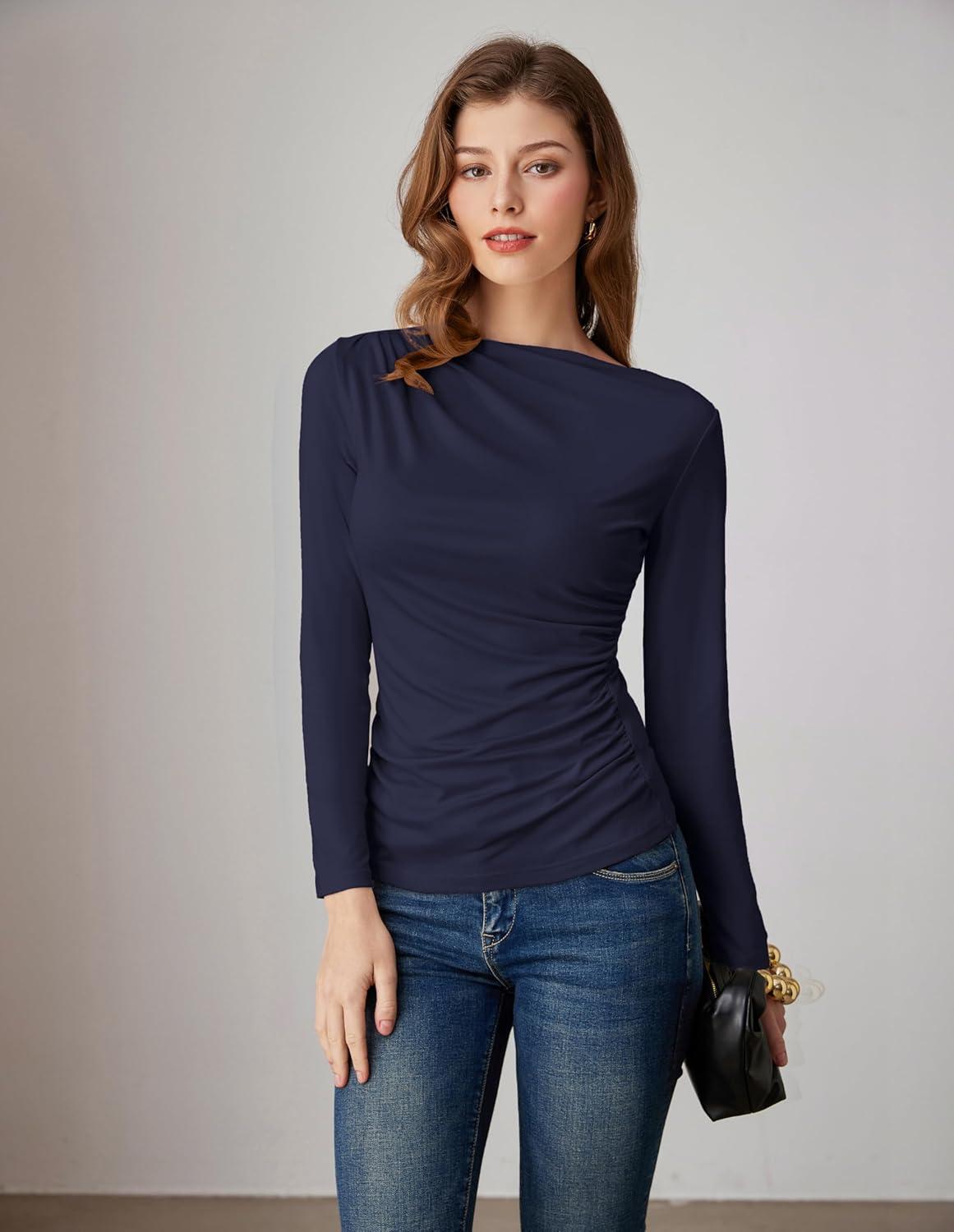 imageGRACE KARIN 2026 Womens Long Sleeve Wrap Blouse Boat Neck Ruched Fitted Trendy Top for Fall Dressy CasualDark Blue