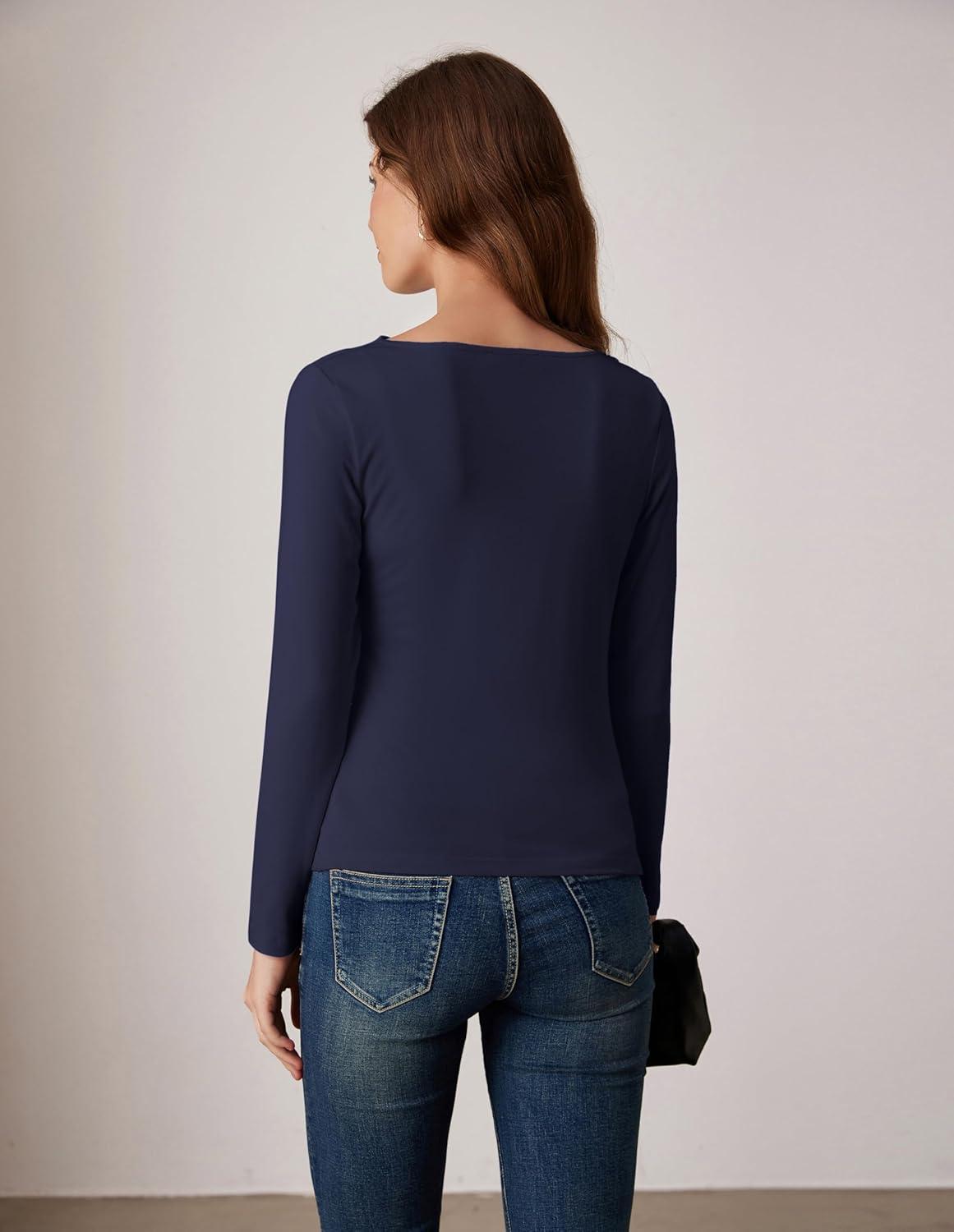 imageGRACE KARIN 2026 Womens Long Sleeve Wrap Blouse Boat Neck Ruched Fitted Trendy Top for Fall Dressy CasualDark Blue