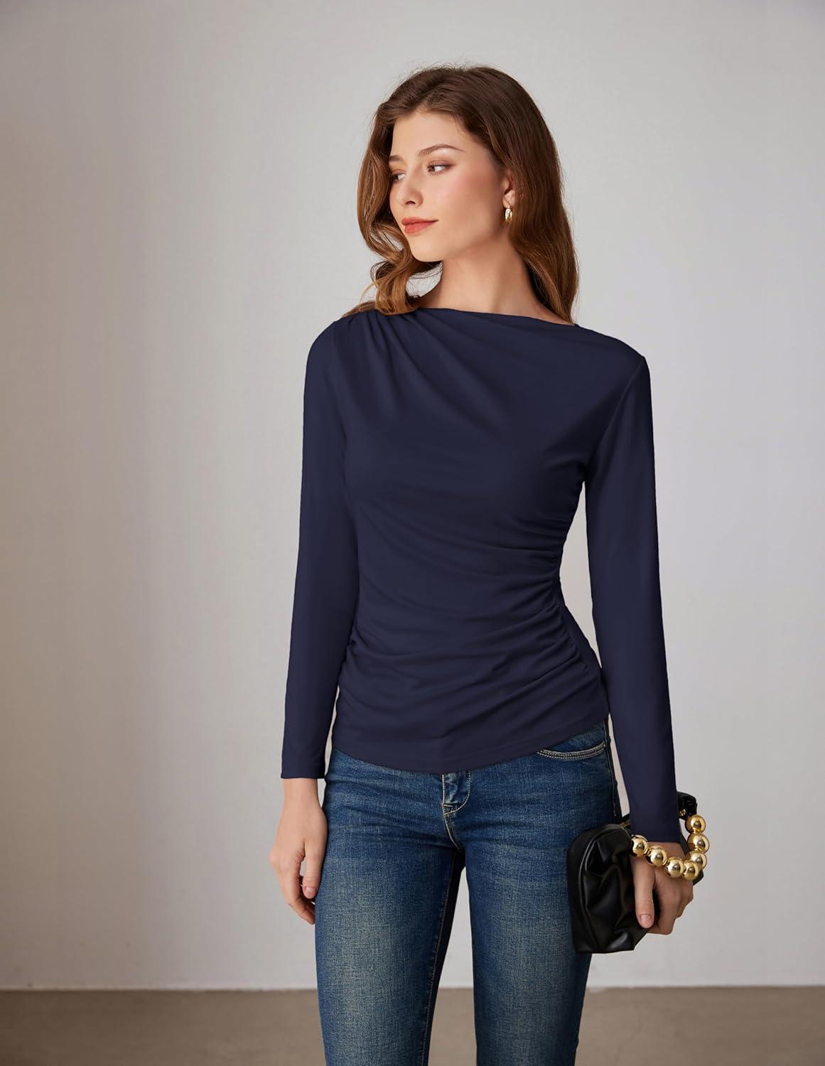 imageGRACE KARIN 2026 Womens Long Sleeve Wrap Blouse Boat Neck Ruched Fitted Trendy Top for Fall Dressy CasualDark Blue