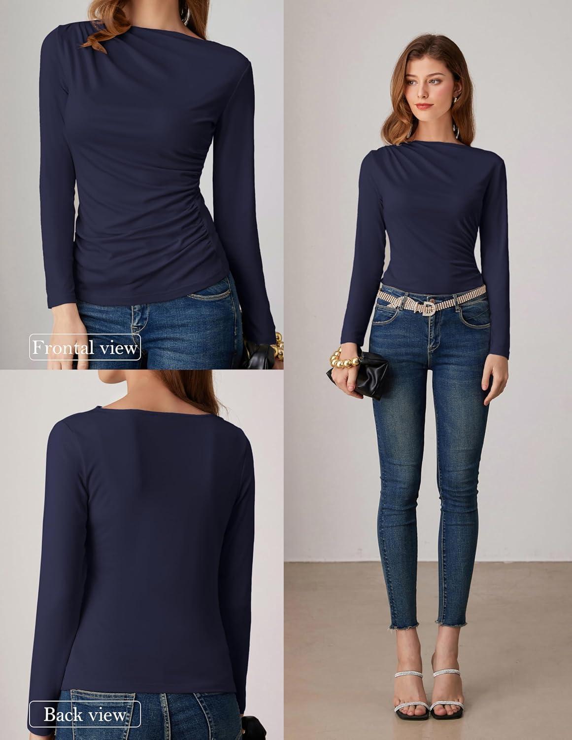 imageGRACE KARIN 2026 Womens Long Sleeve Wrap Blouse Boat Neck Ruched Fitted Trendy Top for Fall Dressy CasualDark Blue