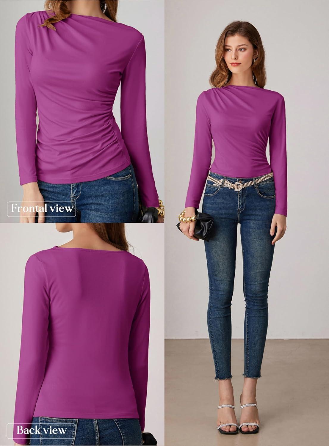 imageGRACE KARIN 2026 Womens Long Sleeve Wrap Blouse Boat Neck Ruched Fitted Trendy Top for Fall Dressy CasualDark Rose Red