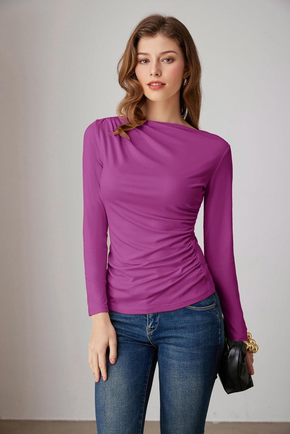 imageGRACE KARIN 2026 Womens Long Sleeve Wrap Blouse Boat Neck Ruched Fitted Trendy Top for Fall Dressy CasualDark Rose Red