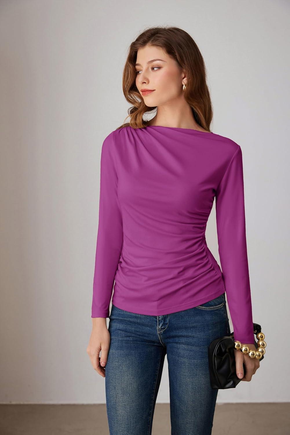 imageGRACE KARIN 2026 Womens Long Sleeve Wrap Blouse Boat Neck Ruched Fitted Trendy Top for Fall Dressy CasualDark Rose Red