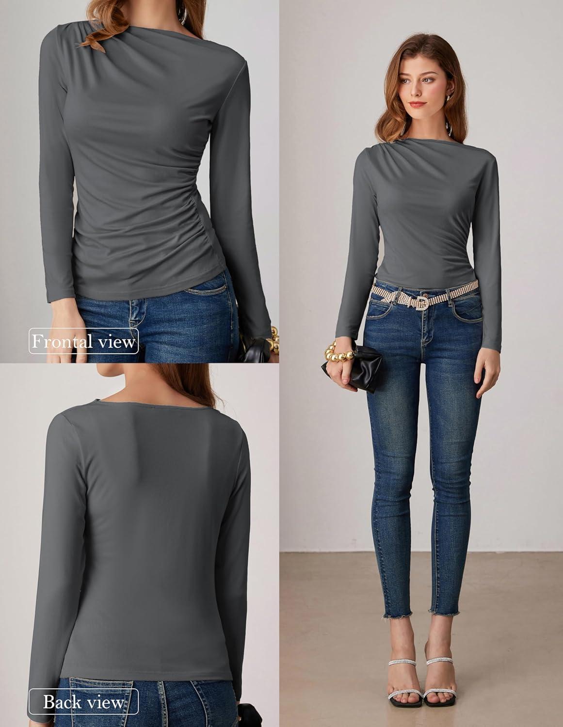 imageGRACE KARIN 2026 Womens Long Sleeve Wrap Blouse Boat Neck Ruched Fitted Trendy Top for Fall Dressy CasualGray