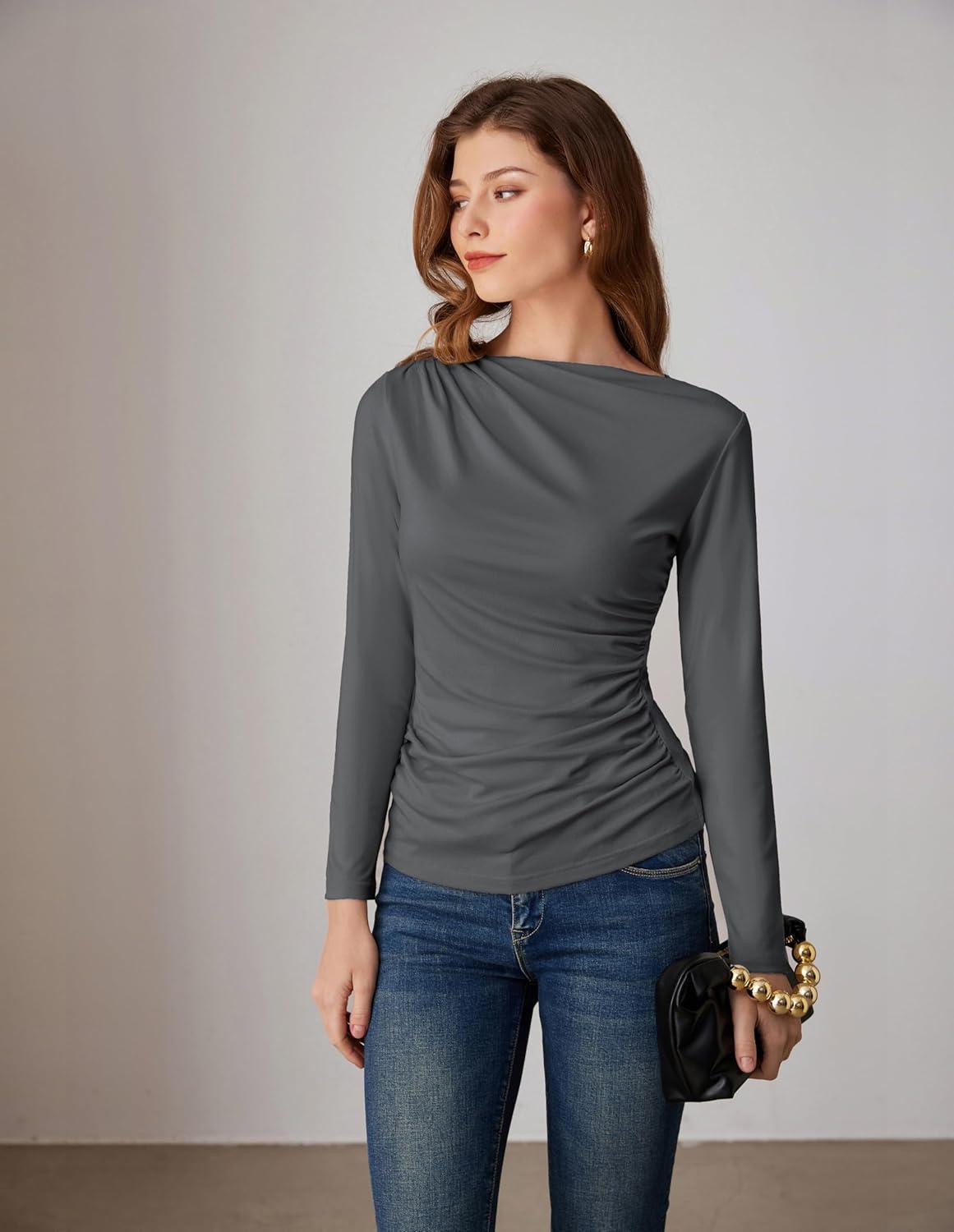 imageGRACE KARIN 2026 Womens Long Sleeve Wrap Blouse Boat Neck Ruched Fitted Trendy Top for Fall Dressy CasualGray
