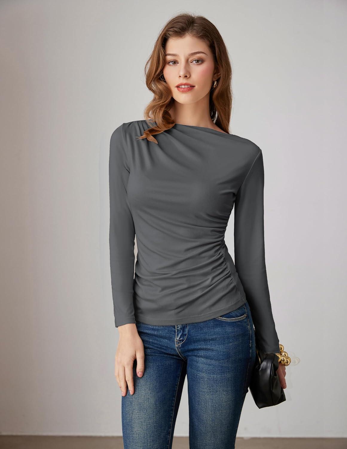 imageGRACE KARIN 2026 Womens Long Sleeve Wrap Blouse Boat Neck Ruched Fitted Trendy Top for Fall Dressy CasualGray