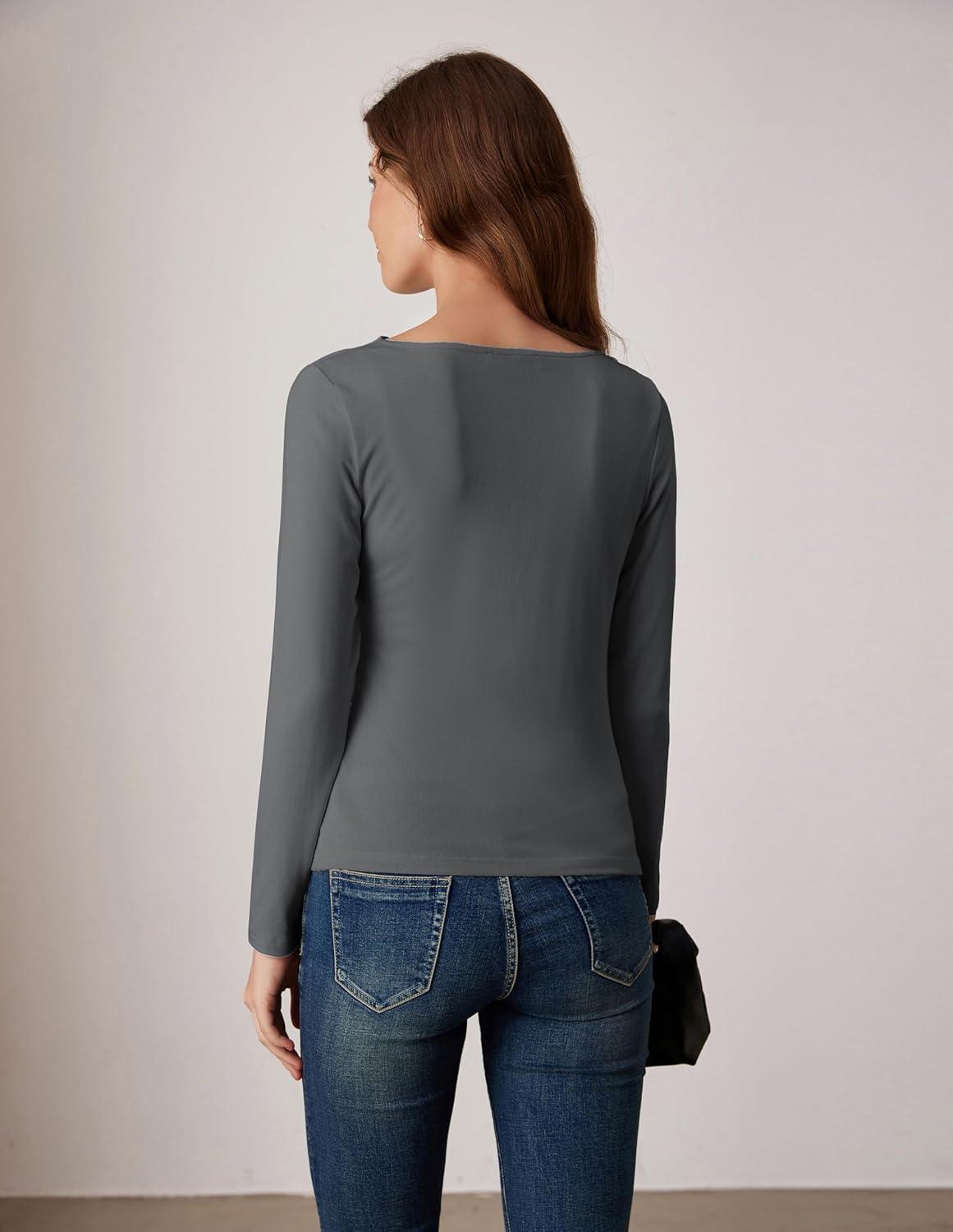 imageGRACE KARIN 2026 Womens Long Sleeve Wrap Blouse Boat Neck Ruched Fitted Trendy Top for Fall Dressy CasualGray