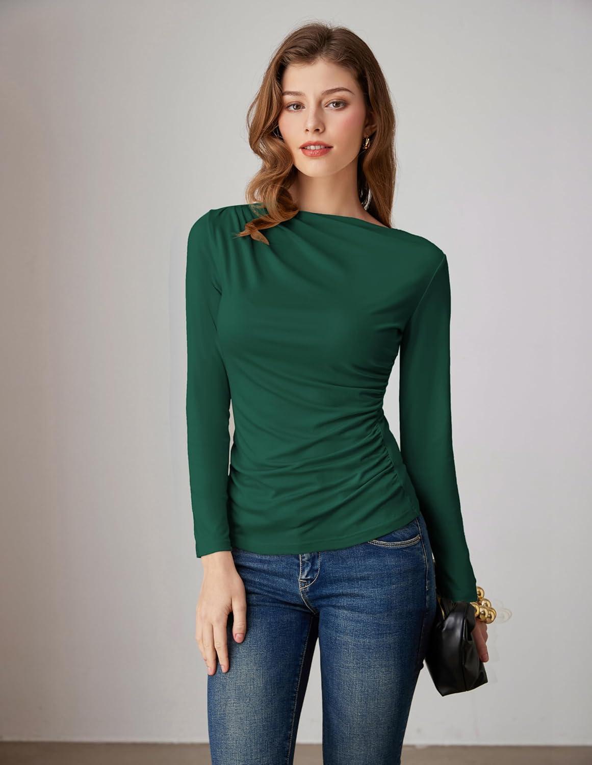 imageGRACE KARIN 2026 Womens Long Sleeve Wrap Blouse Boat Neck Ruched Fitted Trendy Top for Fall Dressy CasualGreen