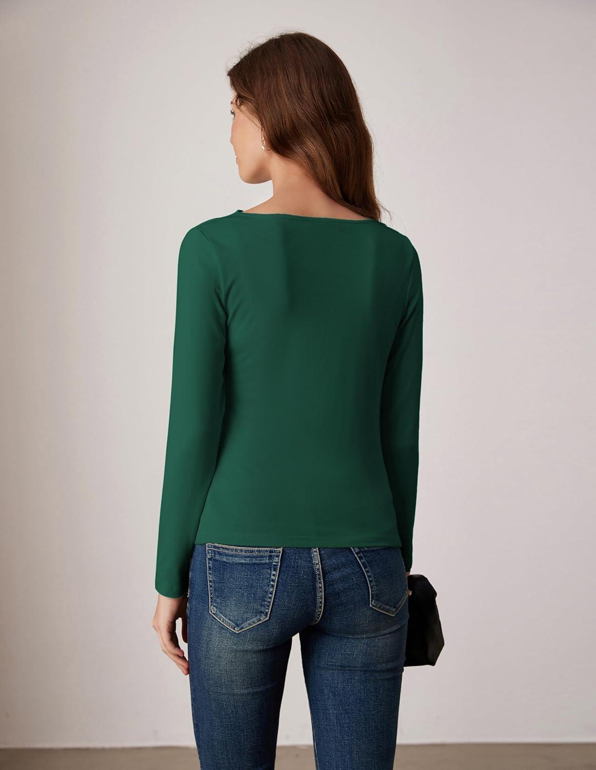 imageGRACE KARIN 2026 Womens Long Sleeve Wrap Blouse Boat Neck Ruched Fitted Trendy Top for Fall Dressy CasualGreen