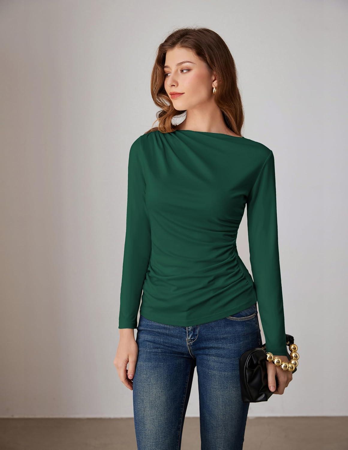 imageGRACE KARIN 2026 Womens Long Sleeve Wrap Blouse Boat Neck Ruched Fitted Trendy Top for Fall Dressy CasualGreen