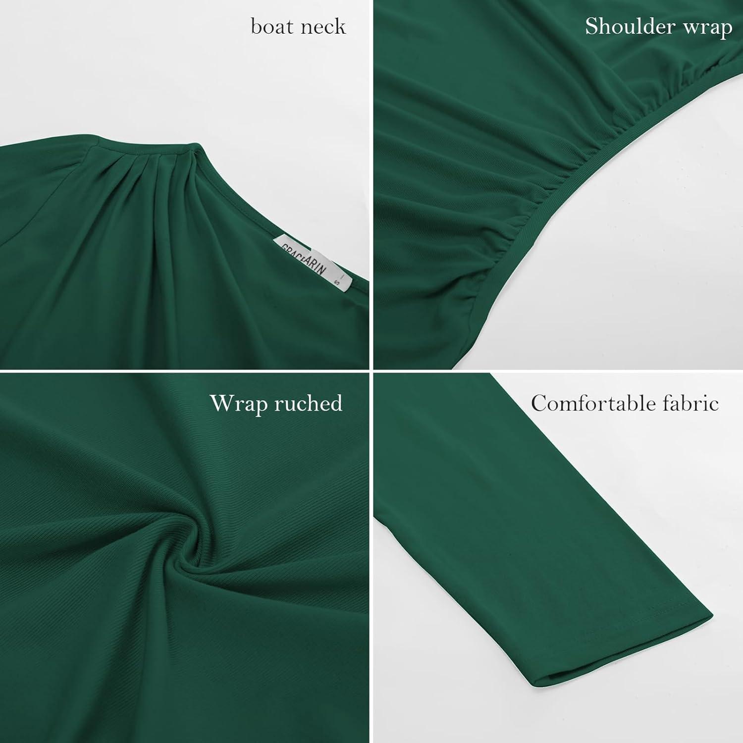 imageGRACE KARIN 2026 Womens Long Sleeve Wrap Blouse Boat Neck Ruched Fitted Trendy Top for Fall Dressy CasualGreen