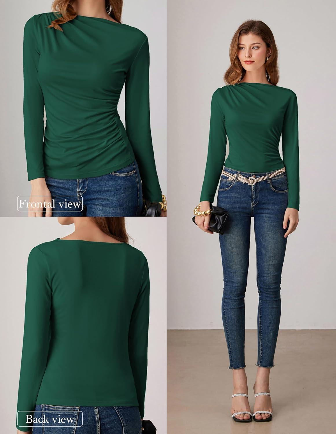 imageGRACE KARIN 2026 Womens Long Sleeve Wrap Blouse Boat Neck Ruched Fitted Trendy Top for Fall Dressy CasualGreen