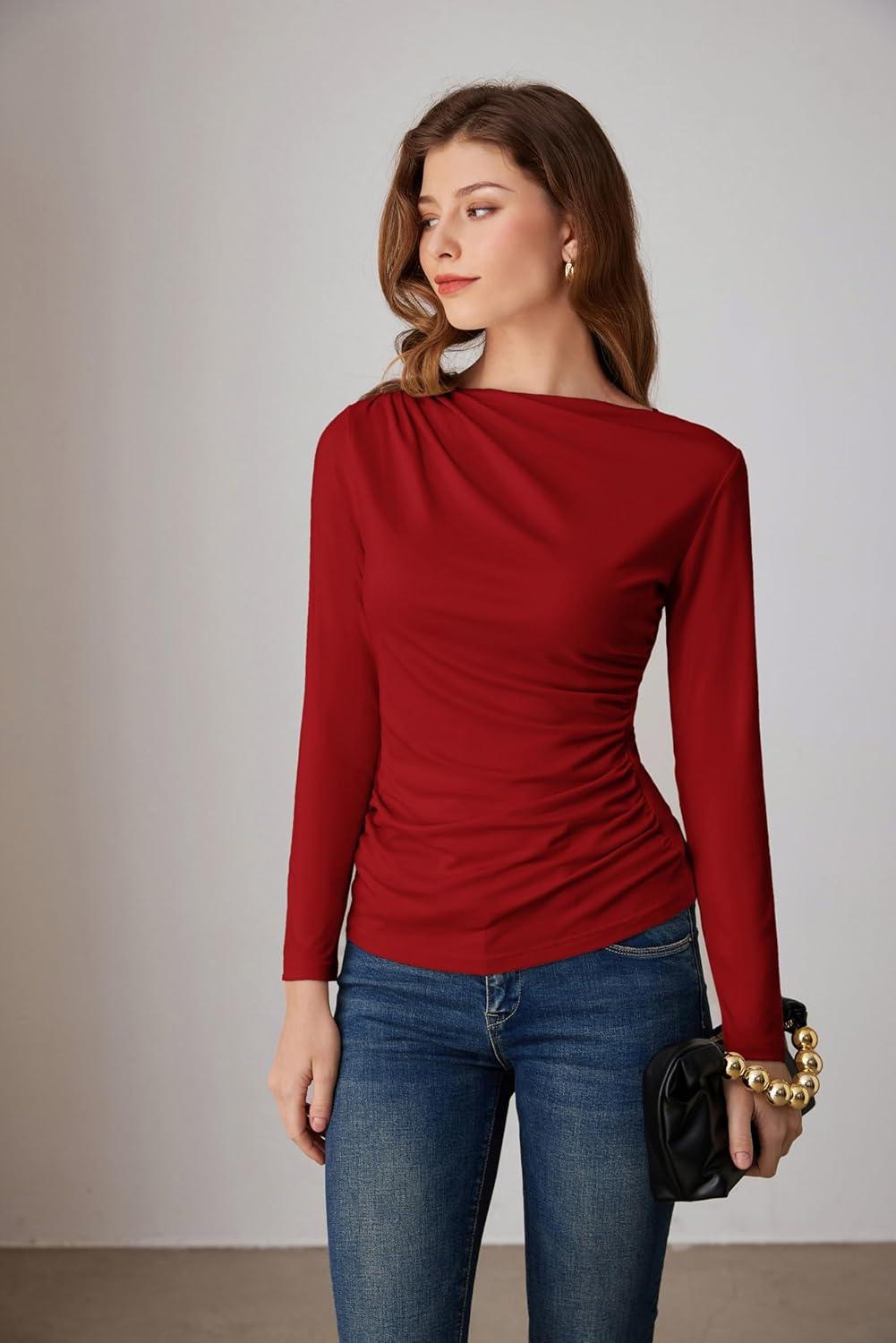 imageGRACE KARIN 2026 Womens Long Sleeve Wrap Blouse Boat Neck Ruched Fitted Trendy Top for Fall Dressy CasualRed