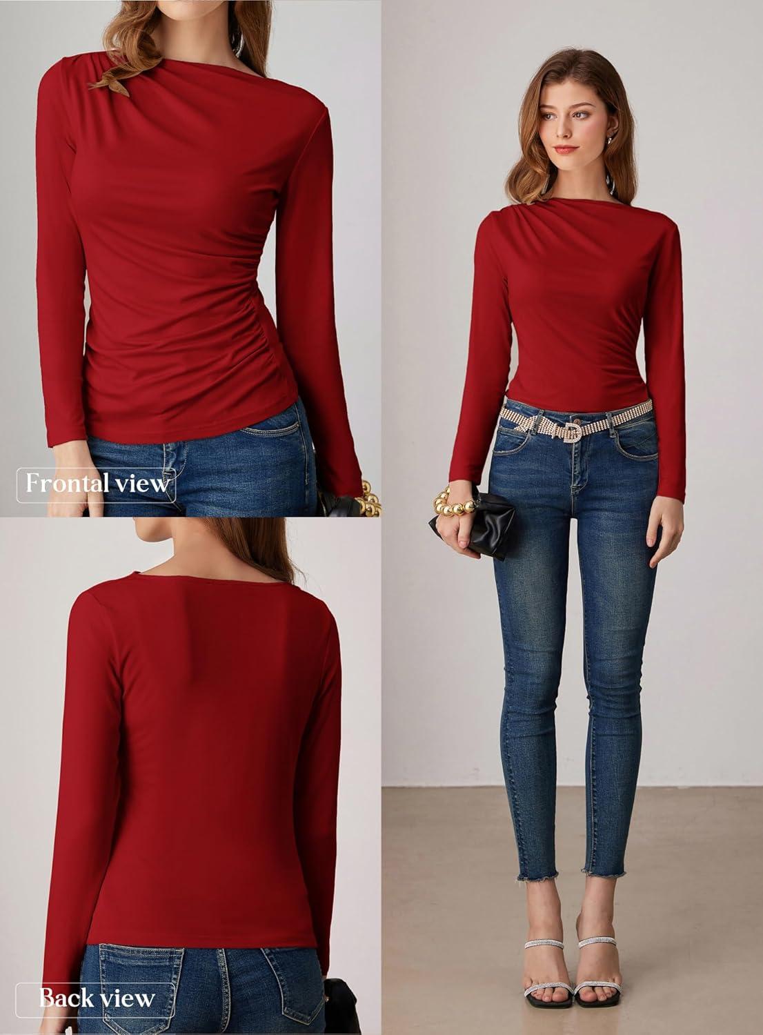 imageGRACE KARIN 2026 Womens Long Sleeve Wrap Blouse Boat Neck Ruched Fitted Trendy Top for Fall Dressy CasualRed