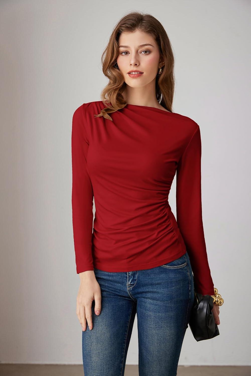 imageGRACE KARIN 2026 Womens Long Sleeve Wrap Blouse Boat Neck Ruched Fitted Trendy Top for Fall Dressy CasualRed